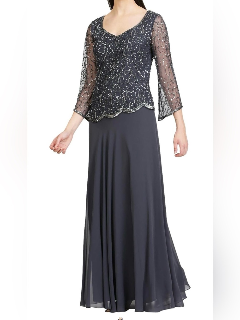 J Kara Silver Beaded 3/4 Sleeve Formal Maxi Dress Size 12